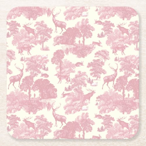 Elegant Chic Light Pink Toile Deer Woodland Square Paper Coaster