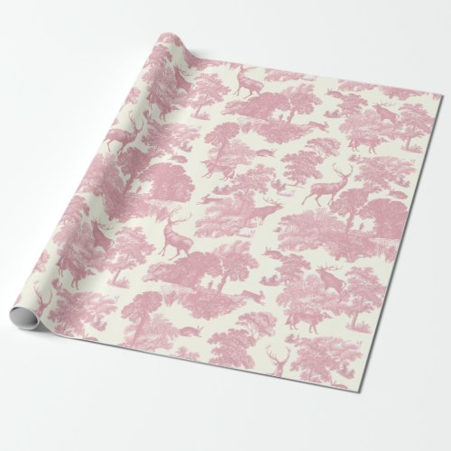 Elegant Chic Light Pink Toile Deer Woodland Wrapping Paper