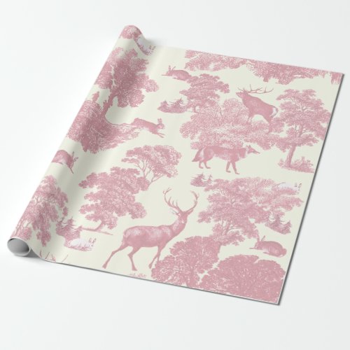 Elegant Chic Light Pink Toile Deer Woodland Wrapping Paper
