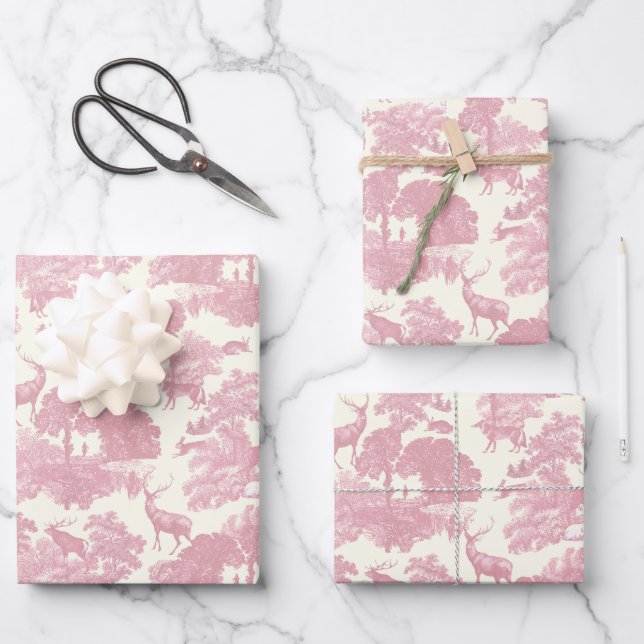 Elegant Chic Light Pink Toile Deer Woodland Wrapping Paper Sheets (Front)