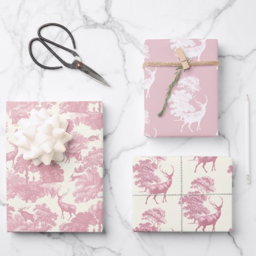 Elegant Chic Light Pink Toile Deer Woodland Wrapping Paper Sheets