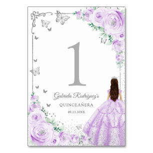 Elegant Chic Lilac Purple Roses Silver Quinceanera Table Number