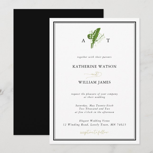 Elegant Chic Lily Valley Crest Black White Wedding Invitation (Front/Back)
