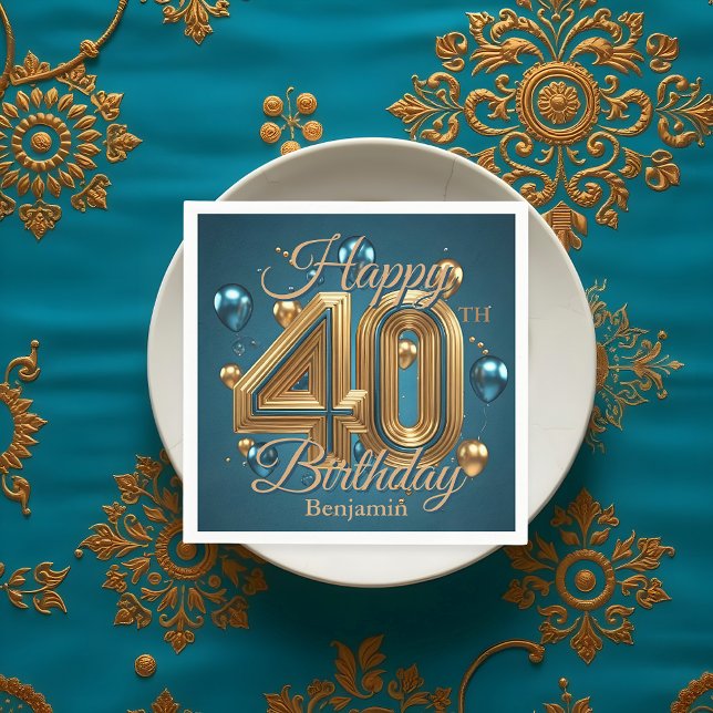 Elegant Chic Luxurious Blue and Gold 40th Birthday Napkins (Creator Uploaded)