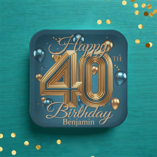 Elegant Chic Luxurious Blue and Gold 40th Birthday Paper Plates (Creator Uploaded)