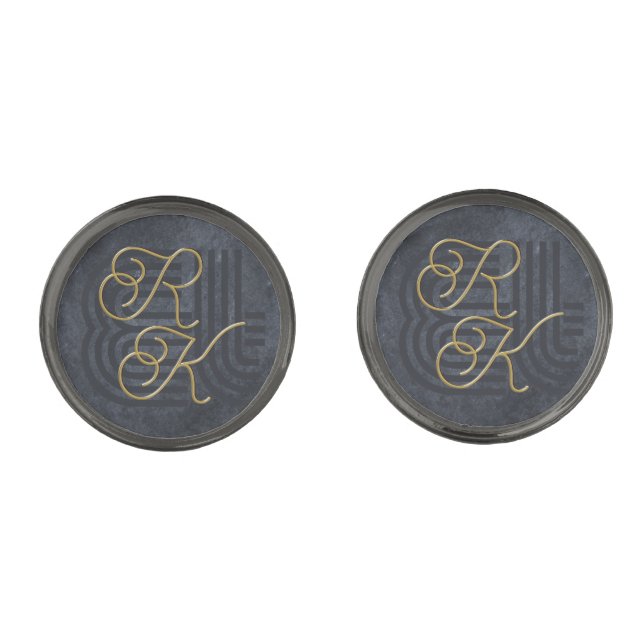 Elegant Chic Luxury Charcoal Black & Gold Monogram Cufflinks (Front)