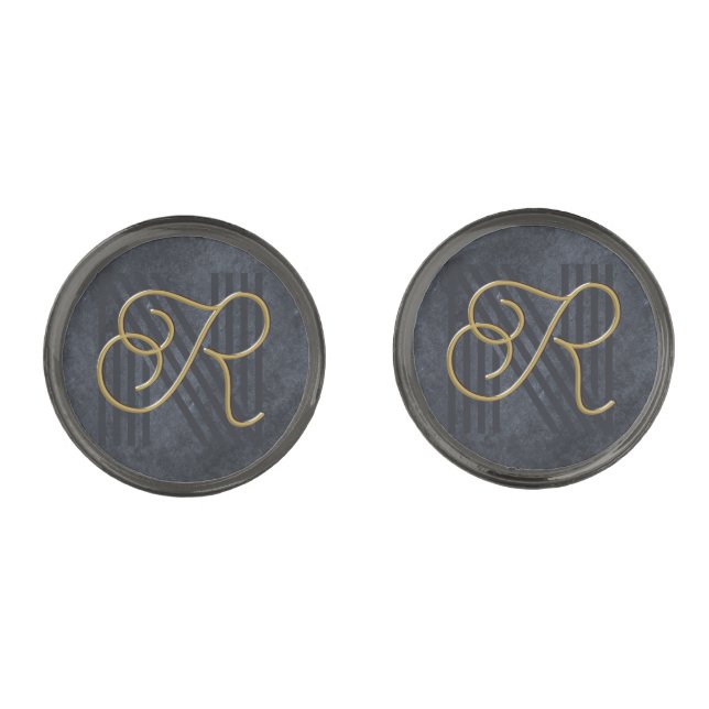 Elegant Chic Luxury Charcoal Black & Gold Monogram Cufflinks (Front)