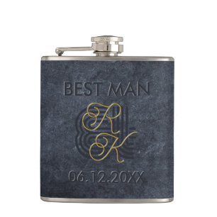 Elegant Chic Luxury Charcoal Black & Gold Monogram Flask