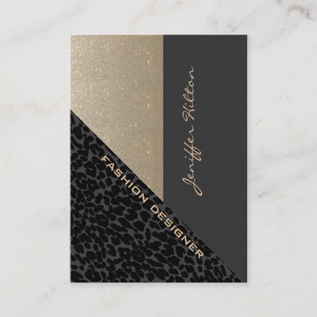 Elegant chic luxury contemporary leopard glittery business card (Front)