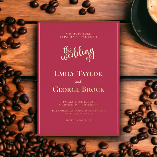 Elegant Chic Luxury Magenta Gold Framed Wedding Foil Invitation (Creator Uploaded)