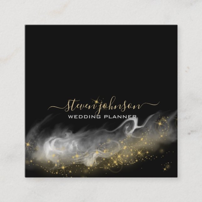 Elegant Chic Magic Dust Gold Sparkle Script Black Square Business Card (Front)