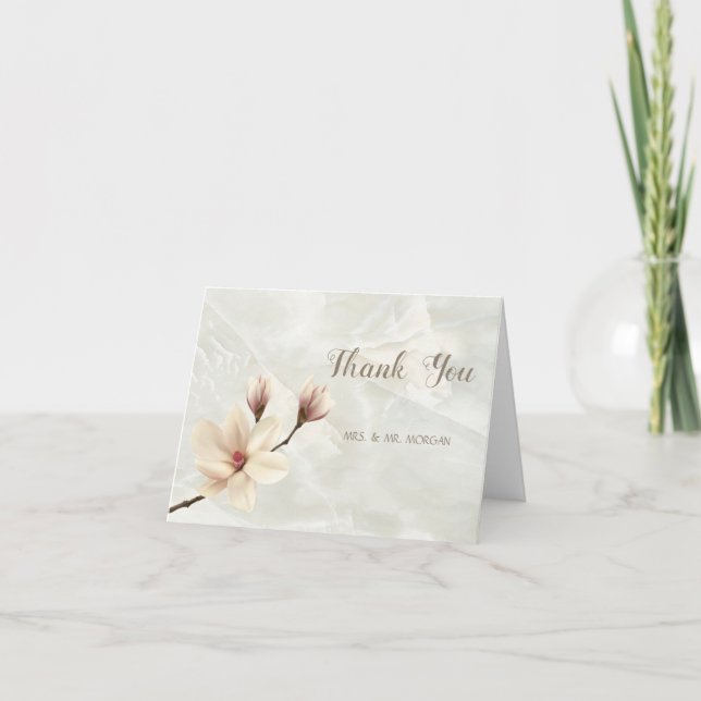 Elegant Chic Magnolia, White Marble Thank You Card (Front)