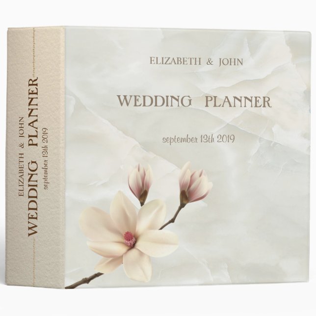 Elegant Chic Magnolia, White Marble  Wedding 3 Ring Binder (Front/Spine)