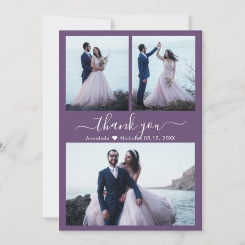 Elegant Chic Mauve Script 3 Photo Collage Wedding  Thank You Card
