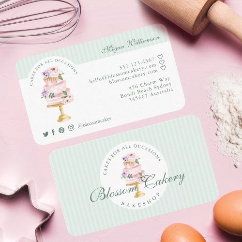 Elegant  Chic Mint Watercolor Floral Cake Bakery Business Card