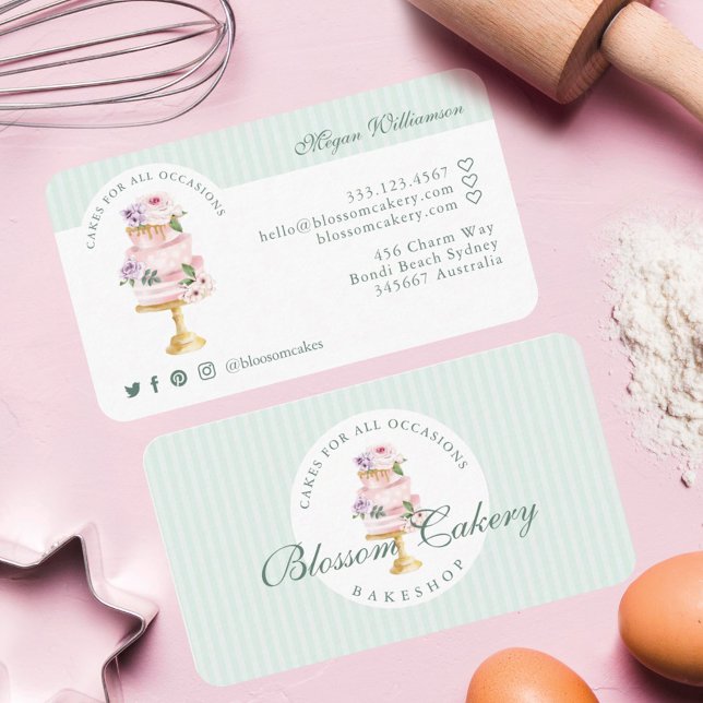 Elegant & Chic Mint Watercolor Floral Cake Bakery Business Card (Creator Uploaded)