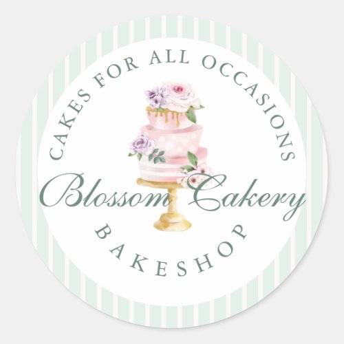 Elegant  Chic Mint Watercolor Floral Cake Bakery Classic Round Sticker