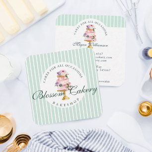 Elegant & Chic Mint Watercolor Floral Cake Bakery Square Business Card