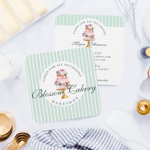 Elegant  Chic Mint Watercolor Floral Cake Bakery Square Business Card