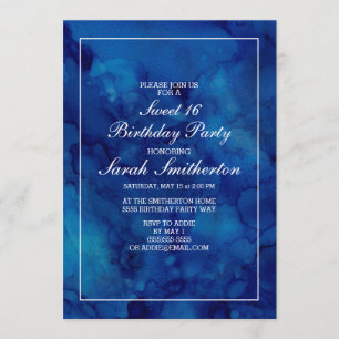 Elegant Chic Modern Navy Blue Watercolor Sweet 16 Invitation