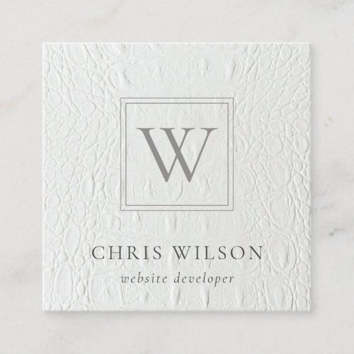 Elegant Chic Monogram Ivory White Leather Texture Square Business Card