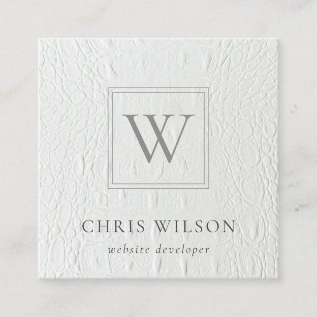 Elegant Chic Monogram Ivory White Leather Texture Square Business Card (Front)