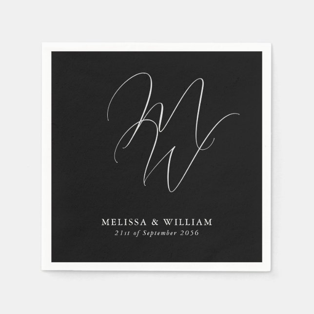 Elegant Chic Monogram Modern Black Wedding Napkins (Front)