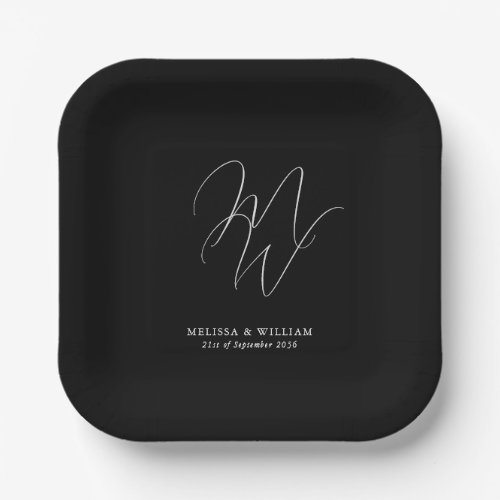 Elegant Chic Monogram Modern Black Wedding Paper Plates