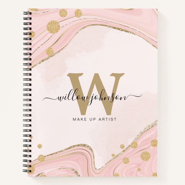 Elegant Chic Monogram Pink Gold Glitter Marble Notebook (Front)