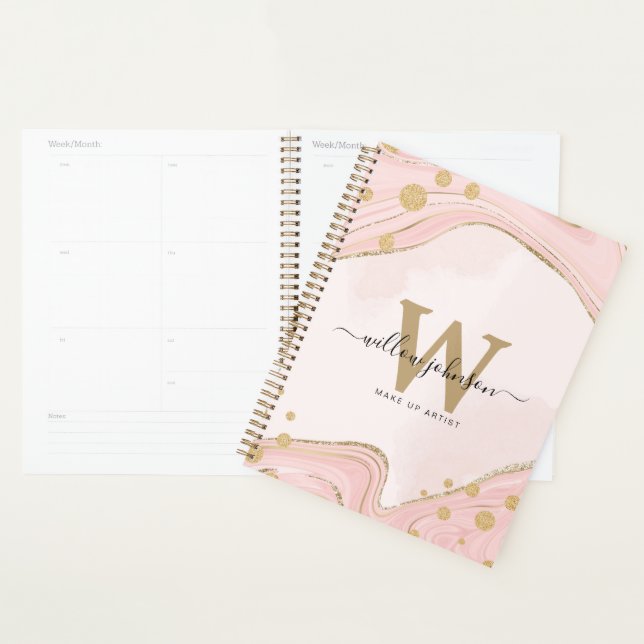Elegant Chic Monogram Pink Gold Glitter Marble Planner (Display)