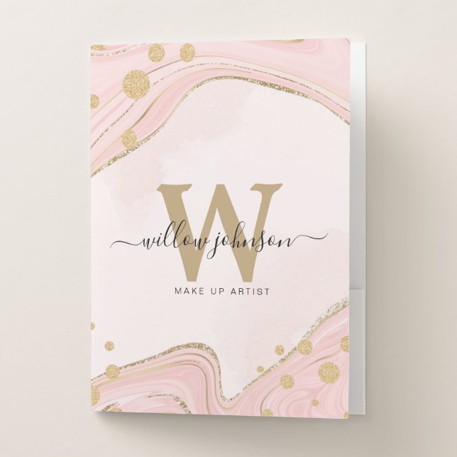 Elegant Chic Monogram Pink Gold Glitter Marble Pocket Folder (Front)