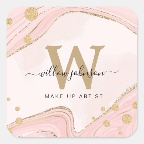 Elegant Chic Monogram Pink Gold Glitter Marble Square Sticker