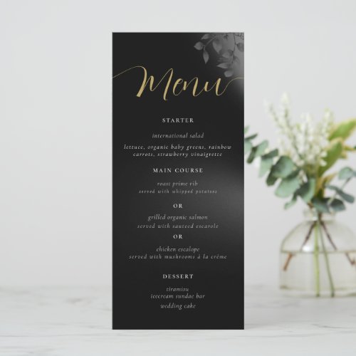 Elegant Chic Moody Black Dark Foliage Wedding Menu