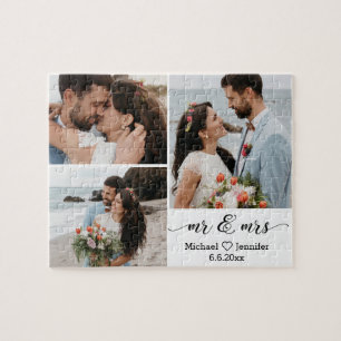 elegant chic mr & mrs wedding 3 photo collage jigsaw puzzle