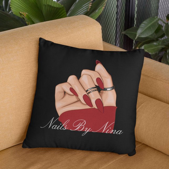 Elegant Chic Nail Beauty Salon Black & Red Branded Throw Pillow (Creator Uploaded)