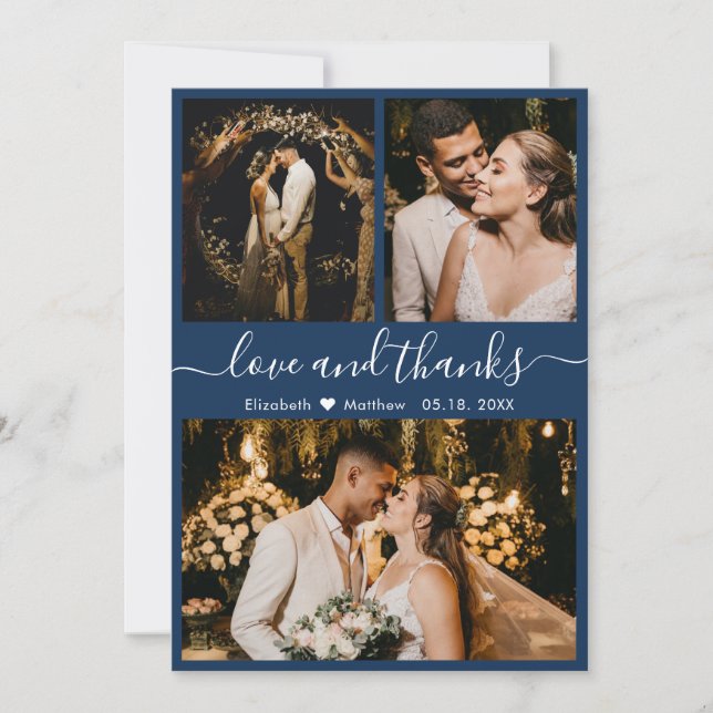 Elegant Chic Navy 3 Photo Collage Wedding Thank You Card (Front)
