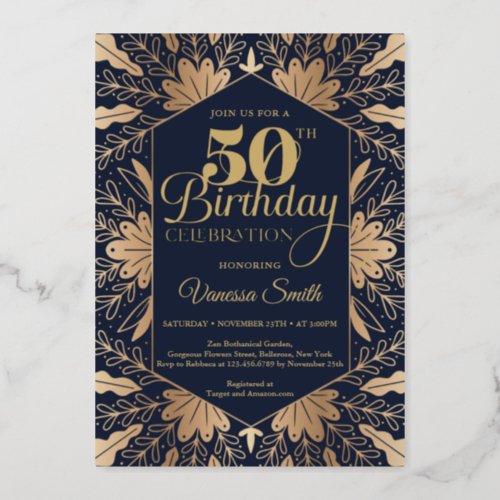 Elegant chic navy and real gold foil 50th birthday foil invitation