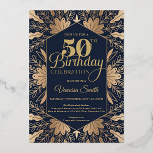 Elegant chic navy and real gold foil 50th birthday invitation