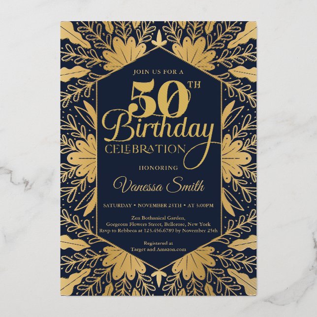 Elegant chic navy and real gold foil 50th birthday invitation (Front)