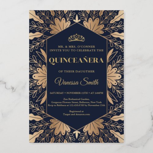 Elegant chic navy and real gold foil quinceanera foil invitation