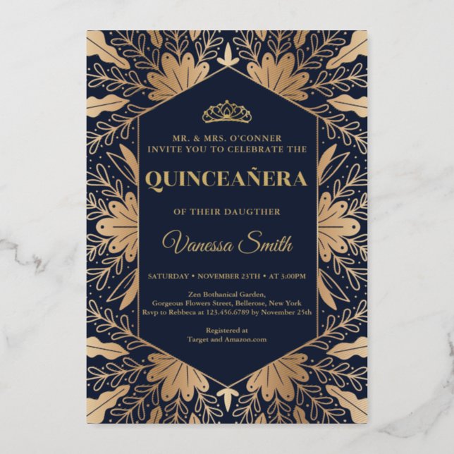 Elegant chic navy and real gold foil quinceanera foil invitation (Front)