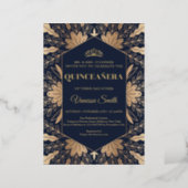 Elegant chic navy and real gold foil quinceanera foil invitation (Standing Front)