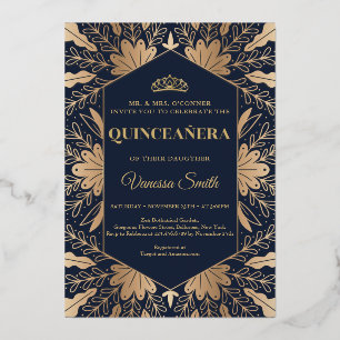 Elegant chic navy and real gold foil quinceanera invitation