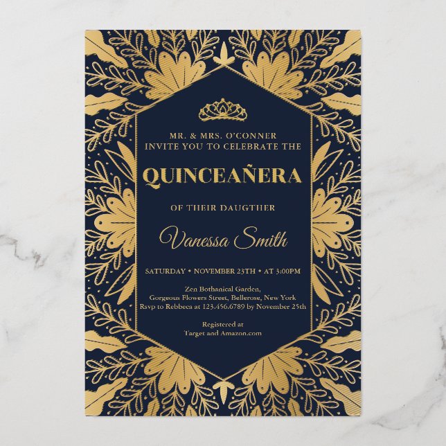 Elegant chic navy and real gold foil quinceanera invitation (Front)