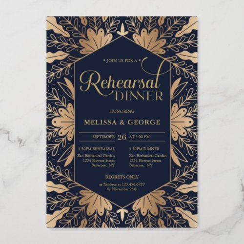 Elegant chic navy and real gold foil rehearsal foil invitation
