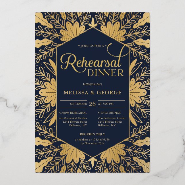 Elegant chic navy and real gold foil rehearsal invitation (Front)
