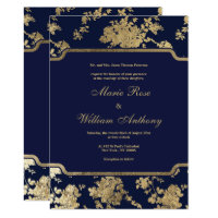 Elegant chic navy blue faux gold floral Wedding Card