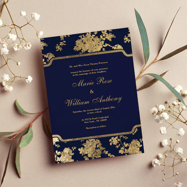 Elegant chic navy blue faux gold floral Wedding Invitation | Zazzle