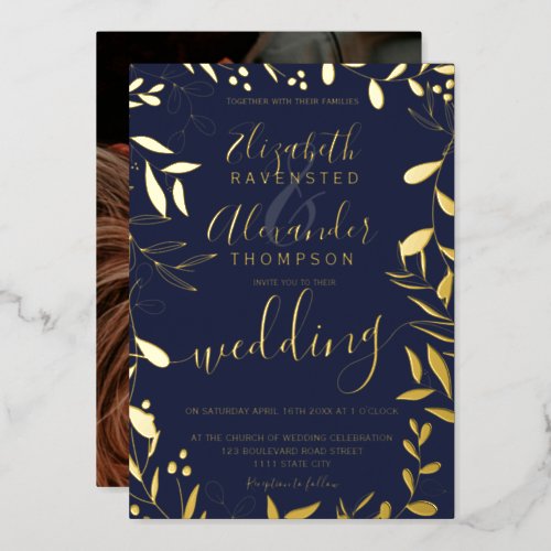 Elegant chic navy blue floral wedding gold foil invitation