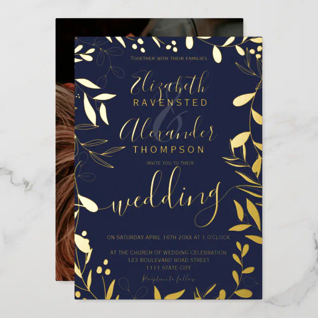 Elegant chic navy blue floral wedding gold foil invitation | Zazzle